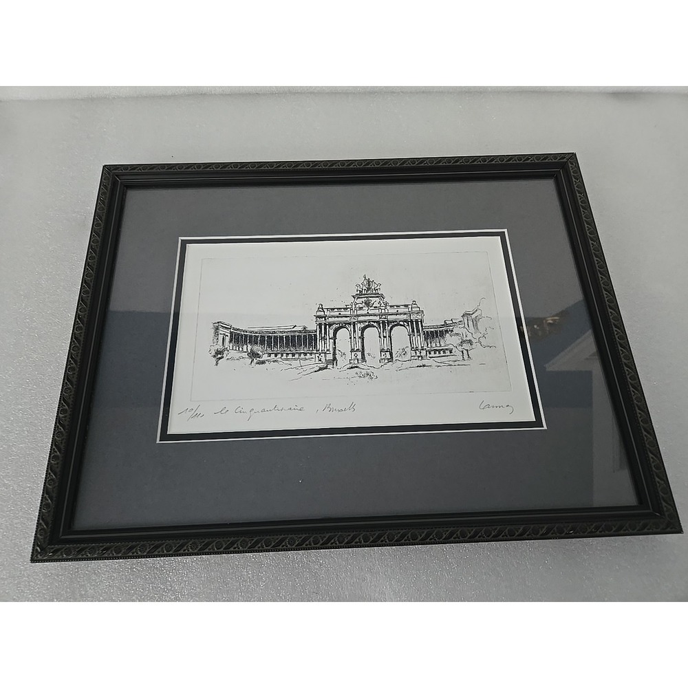 Signed Framed Brussels Cinquantenaire Arch Etching Sketch Architectural Caron